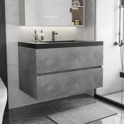 36 Inch Floating Bathroom Vanity with Sink Grey Wall Mount Floating Vanity | Scratch-Resistant Quartz Sand Sink, Two Soft Closing Drawers, Pre Assembled