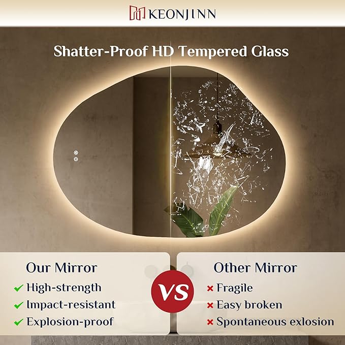 Keonjinn Asymmetrical Backlit Mirror 30x40 Inch, Irregular LED Bathroom Mirror, Lighted Bathroom Mirror with Tempered Glass, UL-Listed LED Driver, Stepless Dimmable with 3 Colors, Horizontal/Vertical