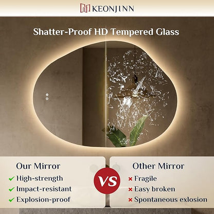 Keonjinn Asymmetrical Backlit Mirror 30x40 Inch, Irregular LED Bathroom Mirror, Lighted Bathroom Mirror with Tempered Glass, UL-Listed LED Driver, Stepless Dimmable with 3 Colors, Horizontal/Vertical