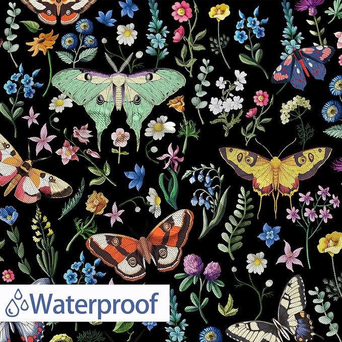 Boho Butterfly Floral Shower Curtain, Bright Abstract Bohemian Plant Flower Botanical Moth Shower Curtains, Black Modern Aesthetic Chic Fabric Shower Curtain Bathroom Accessories 12 Pack Hooks, 72X72