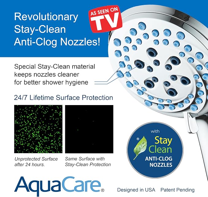 AquaCare New 8-mode High Pressure Handheld Shower Head w/ 2-way Power Wash | Stay Clean Nozzles, Dual Power Wash for Tub, Tile & Pets, Long 6 ft. Stainless Steel Hose, Wall & Overhead Brackets / Chrome