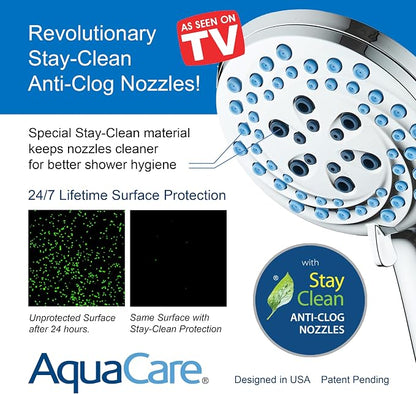 AquaCare New 8-mode High Pressure Handheld Shower Head w/ 2-way Power Wash | Stay Clean Nozzles, Dual Power Wash for Tub, Tile & Pets, Long 6 ft. Stainless Steel Hose, Wall & Overhead Brackets / Chrome