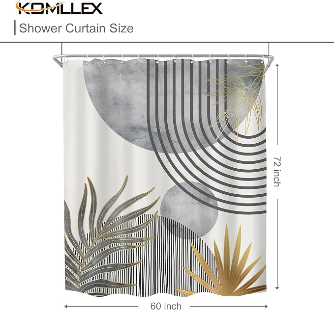 Mid Century Boho Abstract Gray Modern Gold Bathroom Shower Curtain Set | 60Wx72H Sun Arch design, waterproof HD print with fast-drying fabric and 12 hooks.