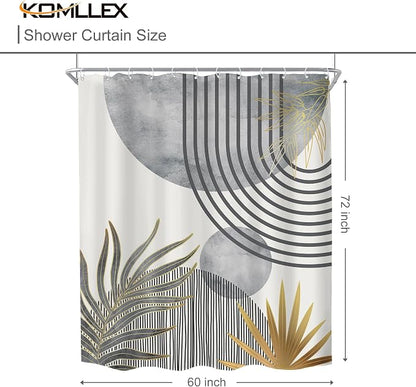 Mid Century Boho Abstract Gray Modern Gold Bathroom Shower Curtain Set | 60Wx72H Sun Arch design, waterproof HD print with fast-drying fabric and 12 hooks.