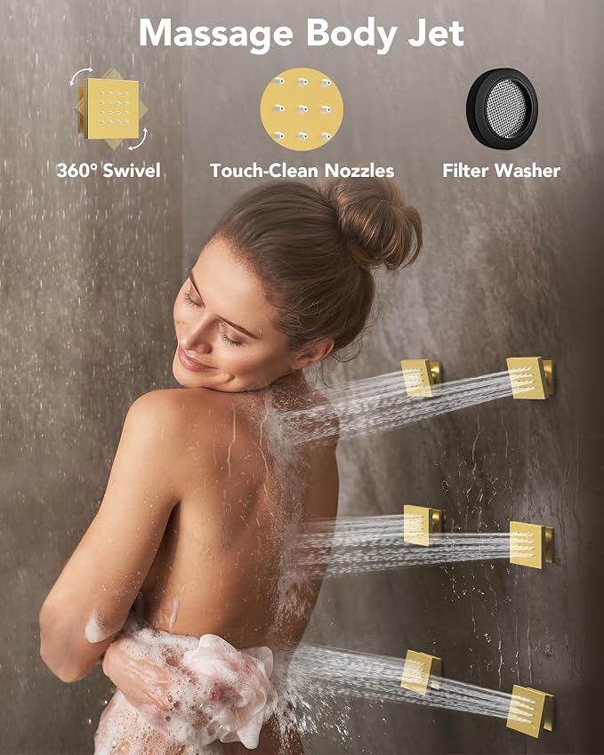 64 Color LED Mood Lighting Rainfall Shower System, 20" Ceiling Mount Bathroom Shower Faucet Set (Brushed Gold)