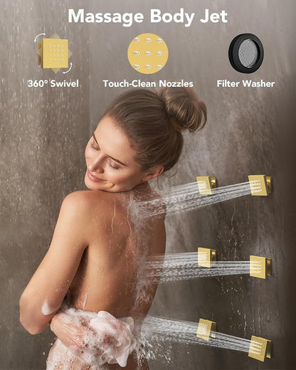 64 Color LED Mood Lighting Rainfall Shower System, 20" Ceiling Mount Bathroom Shower Faucet Set (Brushed Gold)