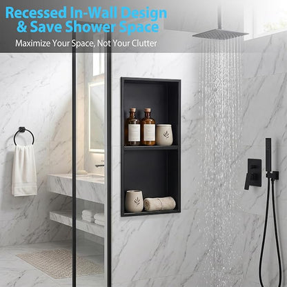 304 Stainless Steel Shower Niche 12” x 24” for Bathroom Storage | Matte Black Recessed Shower Niche No Tile Needed with 2-Tier Shelves for Bathroom Space Saving