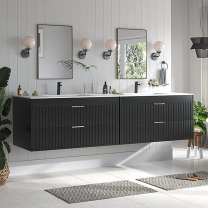 36" Bathroom Vanity with Sink, Floating Bathroom Vanity with 2 Fluted Drawers & Metal Handle, Wall Mounted Cabinets with Integrated Ceramic Sink for Apartment, Home, Black