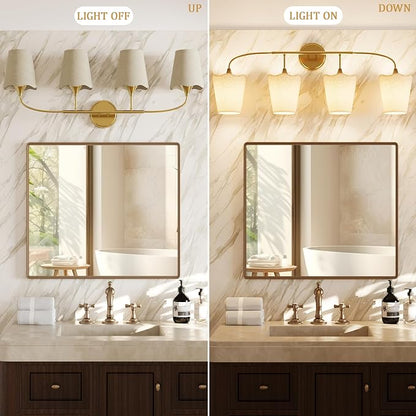 Morauroral Bathroom Light Fixtures Over Mirror, 4 Light Vanity Light for Bathroom, Gold Vanity Light Fixtures with Fabric Linen Shade, E26 Socket Sconce Wall Decor(ETL Listed)