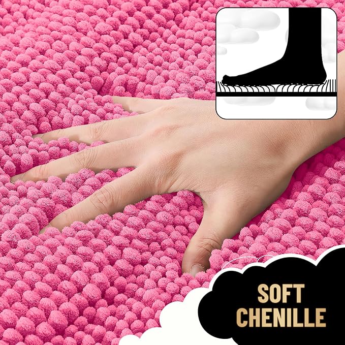 OLANLY Thick Bathroom Rugs 30x20, Soft Chenille Striped Bath Rugs, Hot Pink | Rubber Backing, Machine Wash, Extra Absorbent Bath Mats for Bathroom Floor, Tub and Shower, Home Decor Accessories