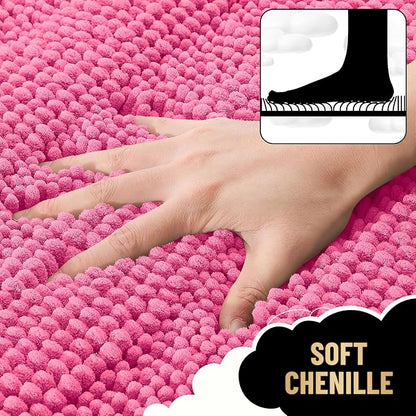 OLANLY Thick Bathroom Rugs 30x20, Soft Chenille Striped Bath Rugs, Hot Pink | Rubber Backing, Machine Wash, Extra Absorbent Bath Mats for Bathroom Floor, Tub and Shower, Home Decor Accessories