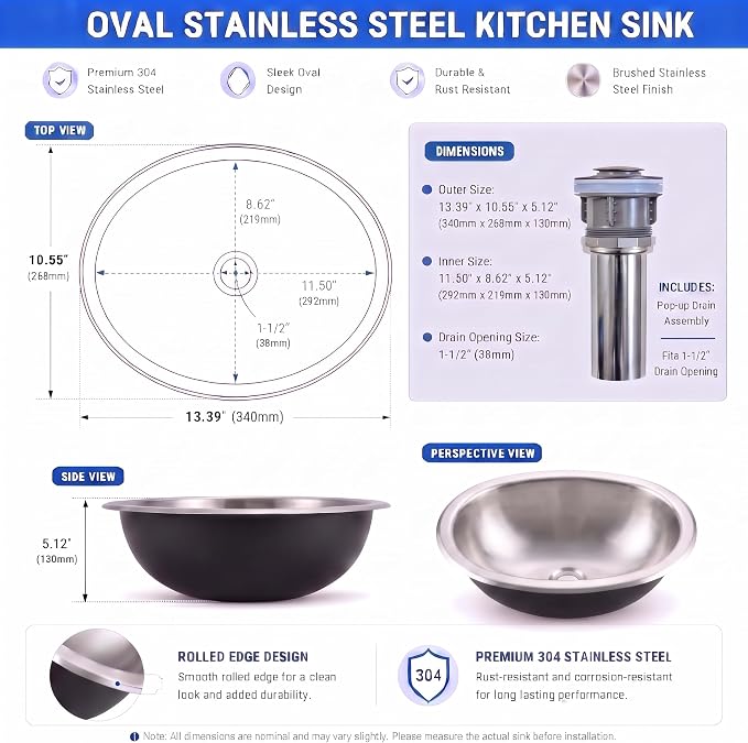 LQS Small RV Sink, 13.39 x 10.63 Inch Stainless Steel RV Bathroom Sink | Oval Small Sink for RV Bathrooms, Camper Kitchens and Bars, 5.12-Inch Depth with Stainless Steel Drain Assembly Included