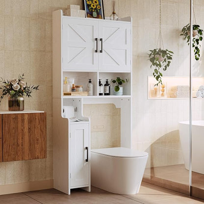 IRONCK 67 in Over The Toilet Storage Cabinet with Adjustable Shelves White | waterproof; side cabinet; toilet paper holder; anti-tip stable frame; bathroom laundry room; barn door farmhouse decor