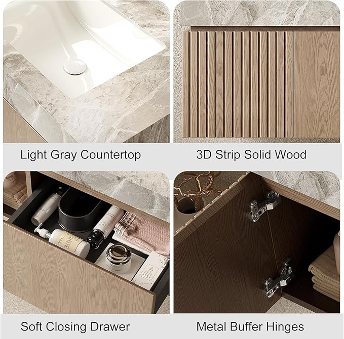 Ambrovina 30" Floating Bathroom Vanity with Sink, Modern Plywood Bathroom Storage Cabinet with Drawer and Door, Gray Sintered Stone Countertop and 3 Pre-drilled Faucet Holes Ceramic Basin, Light Brown