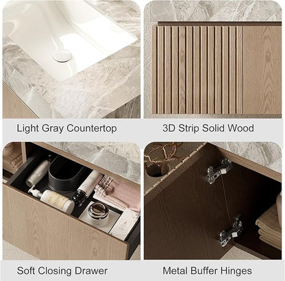 Ambrovina 30" Floating Bathroom Vanity with Sink, Modern Plywood Bathroom Storage Cabinet with Drawer and Door, Gray Sintered Stone Countertop and 3 Pre-drilled Faucet Holes Ceramic Basin, Light Brown