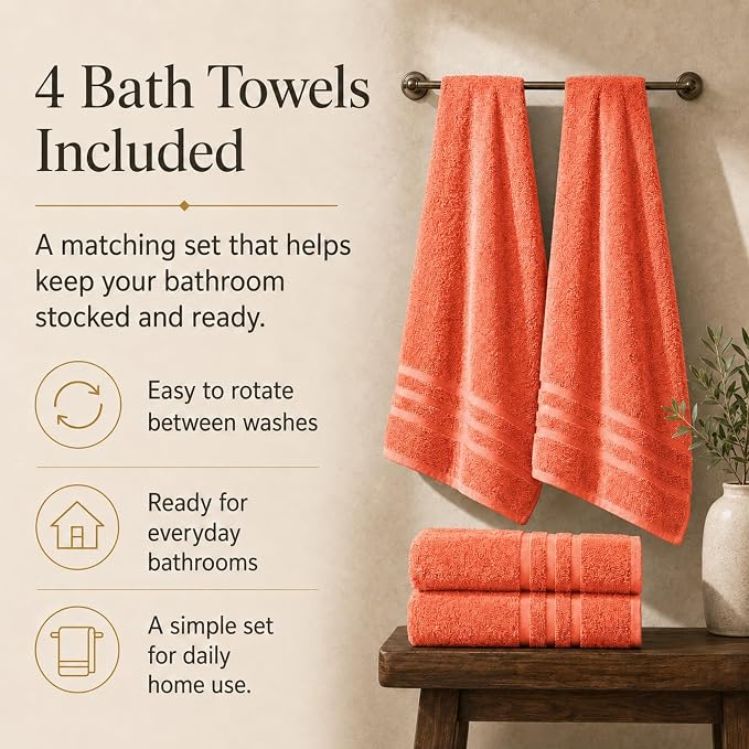 Velqora Bath Towels, 4 Pack, 30x60 in, 100% Cotton, Soft & Absorbent, Coral | Balanced Weight | Everyday Comfort | Easy Care