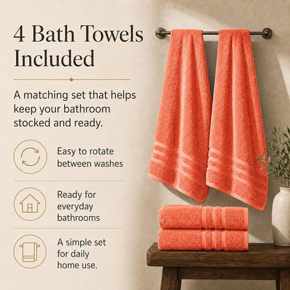 Velqora Bath Towels, 4 Pack, 30x60 in, 100% Cotton, Soft & Absorbent, Coral | Balanced Weight | Everyday Comfort | Easy Care