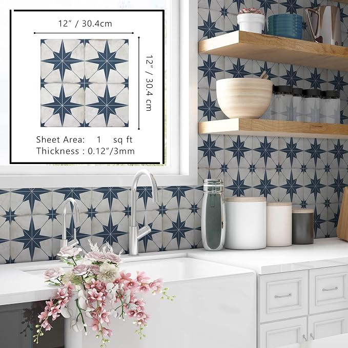 The Tiles Plaza Encaustic Peel and Stick Backsplash, Blue Star Patterned Vintage Stick on Tiles, Stone Composite Self-Adhesive Wall Tile Sticker for Kitchen Bathroom Fireplace Stairs, 10 Sheets