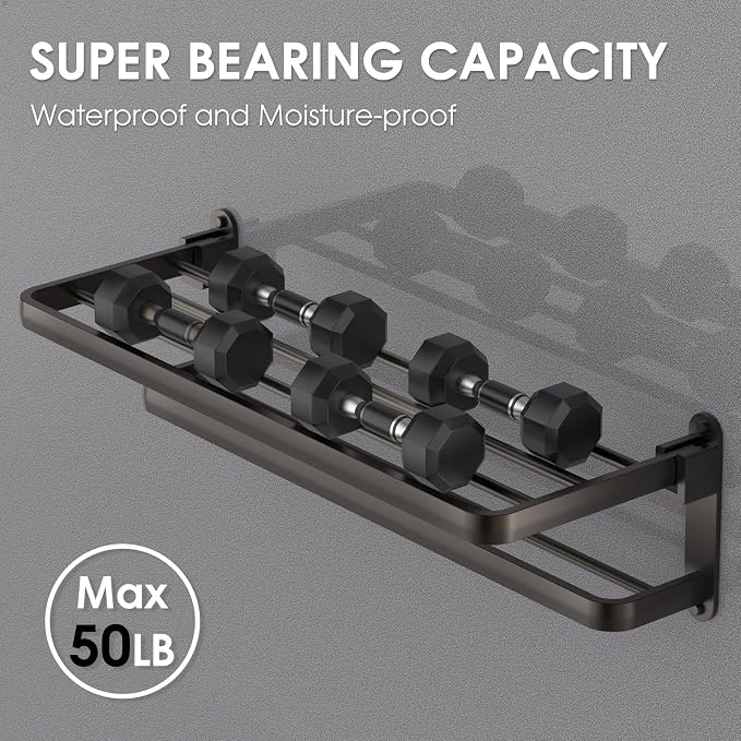 BOZWELL Bathroom Lavatory Towel Rack with Two Towel Bars,16-Inch（40cm） Towel Shelf with Towel Bar,Towel Holder 1011-GR-40 (Modern Gray Finish)