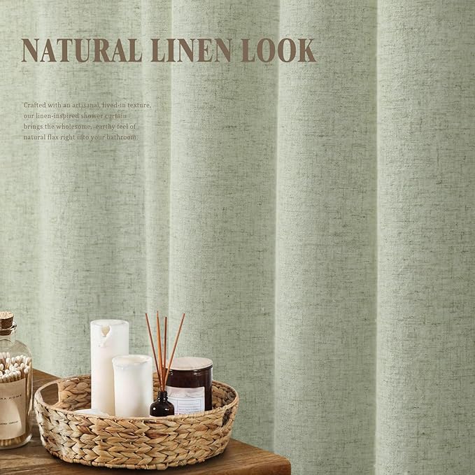 Linen Shower Curtain Flax Green, Fabric Boho Farmhouse Shower Curtains for Bathroom Cotton Natural Cloth Liner Set 72" W x 90" L