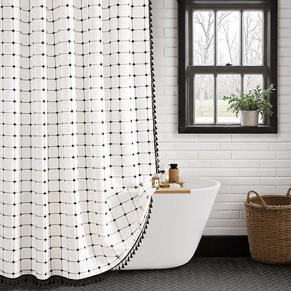 Black and White Farmhouse Shower Curtain,Boho Linen Fabric with Embroidered Plaid Pattern and Tassels for Bathroom,36" W×72" L