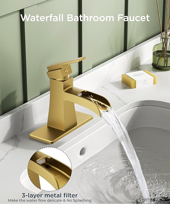 FORIOUS Brushed Gold Bathroom Faucet 1 Hole, Single Handle Waterfall Bathroom Faucets with Pop-Up Drain for Commercial, Vanity, Lavatory, Restroom, Farmhouse