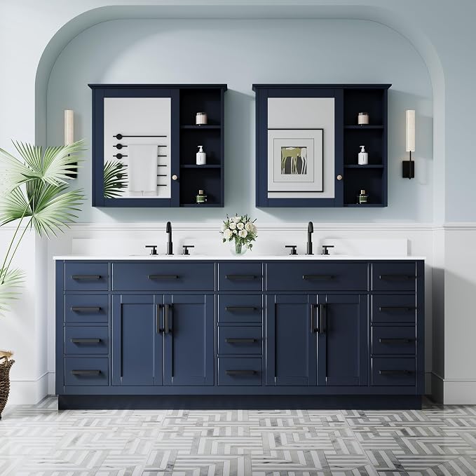 84-Inch Bathroom Vanity with Double Sinks W/ 4 Doors & 12 Drawers & 2 Flip Drawers, Navy Blue Vanity W/Matte Black Handles