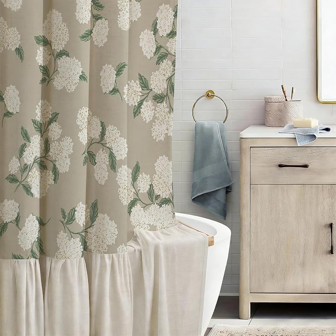 ORTIGIA Linen Textured Ruffle Shower Curtain with Metal Hooks, Off-White Cream Floral Hydrangea Waterproof Bath Curtain for Rustic Farmhouse Bathroom Decor 72x72 Inch