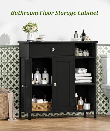 Black Bathroom Floor Cabinet with Large Drawer, Floor Storage Cabinet with Doors & Adjustable Shelves, Modern Storage Cupboard with 3 Open Shelves for Kitchen, Living Room, Entryway