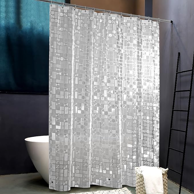 NTBAY EVA Shower Curtain Liner, 72 x 72, 6 Gauge, Semi Clear Geometric | Water-repellent EVA Liner with 3 Bottom Magnets, 12 Reinforced Grommets, and 12 Plastic Hooks
