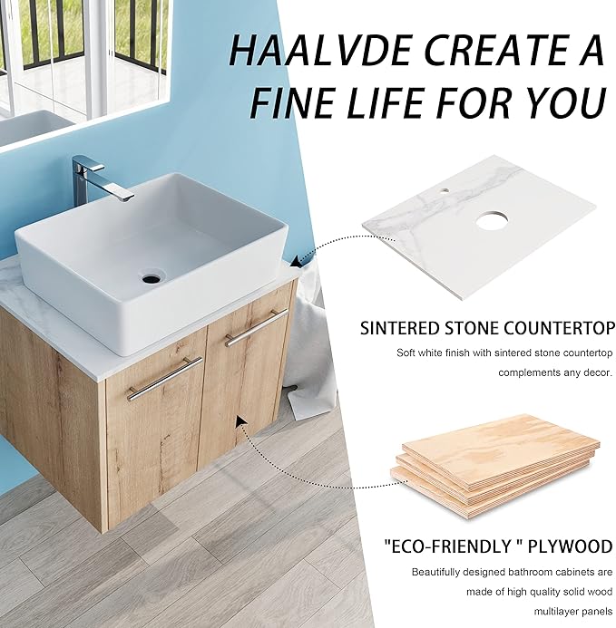 24" Floating Vanity with Sink, 24 Inch Bathroom Vanity with Sink, Modern Plywood Floating Cabinet with Sintered Stone Countertop and White Ceramic Basin, Soft Close Doors