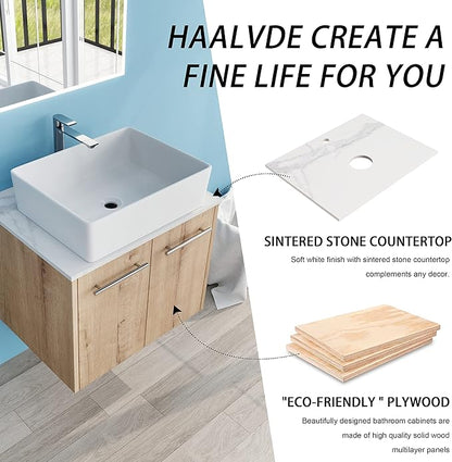 24" Floating Vanity with Sink, 24 Inch Bathroom Vanity with Sink, Modern Plywood Floating Cabinet with Sintered Stone Countertop and White Ceramic Basin, Soft Close Doors