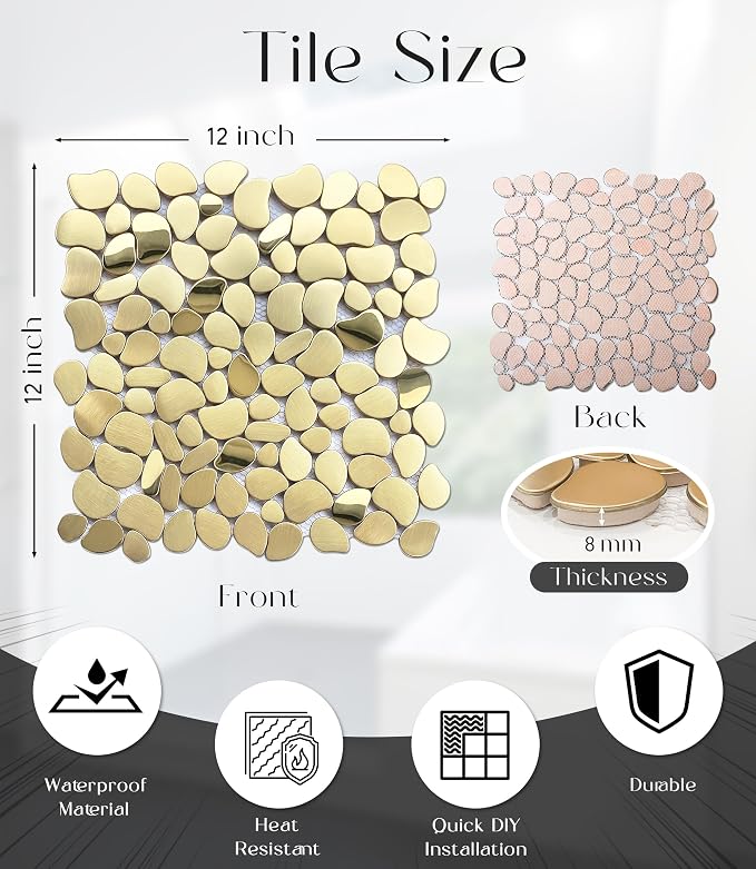 Golden Metal Pebble Mosaic Tiles, 5 Sheets Stainless Steel Backsplash Mesh Mounted, 12×12 Inches Waterproof Metal Tile, Gold Wall Tiles for Kitchen Bathroom Backsplash Shower Stove Backsplash