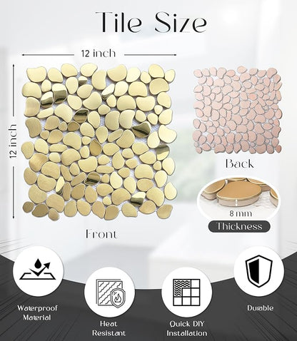 Golden Metal Pebble Mosaic Tiles, 5 Sheets Stainless Steel Backsplash Mesh Mounted, 12×12 Inches Waterproof Metal Tile, Gold Wall Tiles for Kitchen Bathroom Backsplash Shower Stove Backsplash