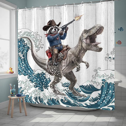Accnicc Funny Raccoon Dinosaur Shower Curtain for Bathroom 72 X 72 Inch | Fun Cool Animal Dino Shower Curtains, Japanese Ocean Wave Kids Bath Curtain Decor, Water-Resistant Washable Polyester Fabric