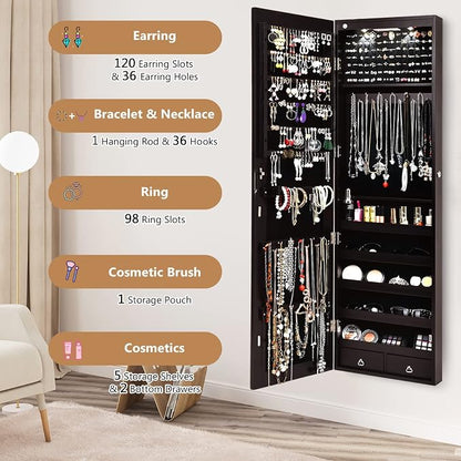 COSTWAY Wall Mounted Jewelry Armoire with Full Length Mirror & 2 LED Lights, Large Storage Capacity, Lockable Mirror Jewelry Cabinet for Women Girls (Brown)