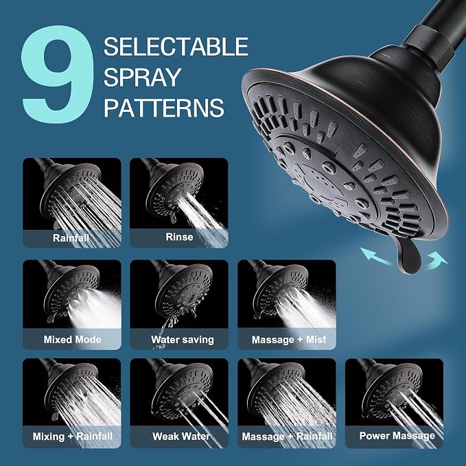 BRIGHT SHOWERS High Pressure Rain Showerhead 9 Spray Settings Shower Head, Angle Adjustable Bathroom Showerhead, 1-Min Installation, Oil Rubbed Bronze
