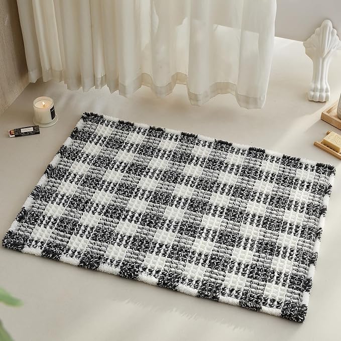 TYUU Waffle Bath Mat, Checkered Bathroom Rugs Non Slip, 36x24 Black & White | Super Absorbent Quick Dry Bath Rug, Non-Slip Backing, Soft Waffle Washable Farmhouse Bathroom Mats, Tub, Shower & Home Decor