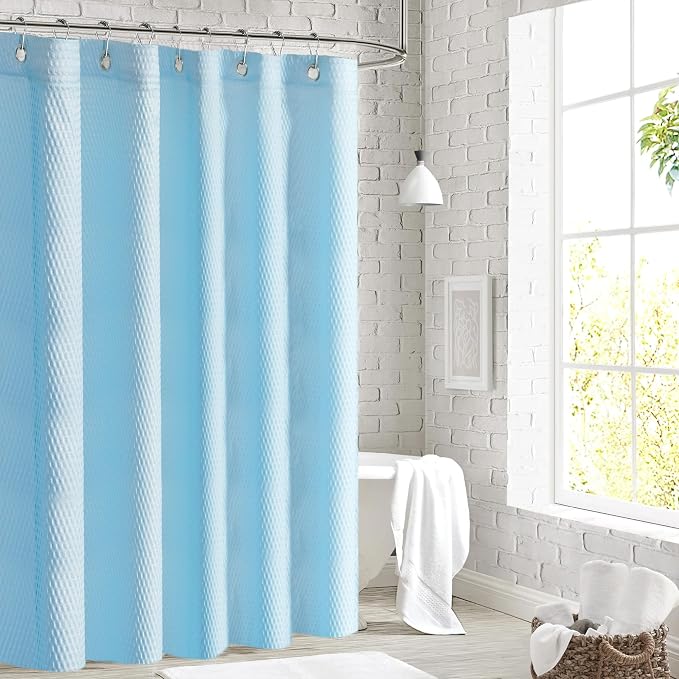 Tititex Solid Sky Blue Cloth Fabric Shower Curtain Liner with 2 Magnets - Texture Soft Hotel Quality Waterproof Shower Liner, Light-Weight & Machine Washable 72x72 inch