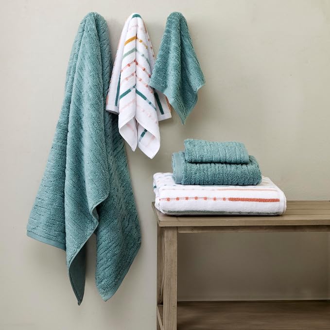 SKL Home CloudSoft/Modesto Stripe Bath Towel Set, 6-Piece, Teal/Multi | 2 Bath towels, 2 hand towels. 2 washcloths. 100% Cotton. 600 GSM. Soft & absorbent jacquard. Premium spa-level quality.