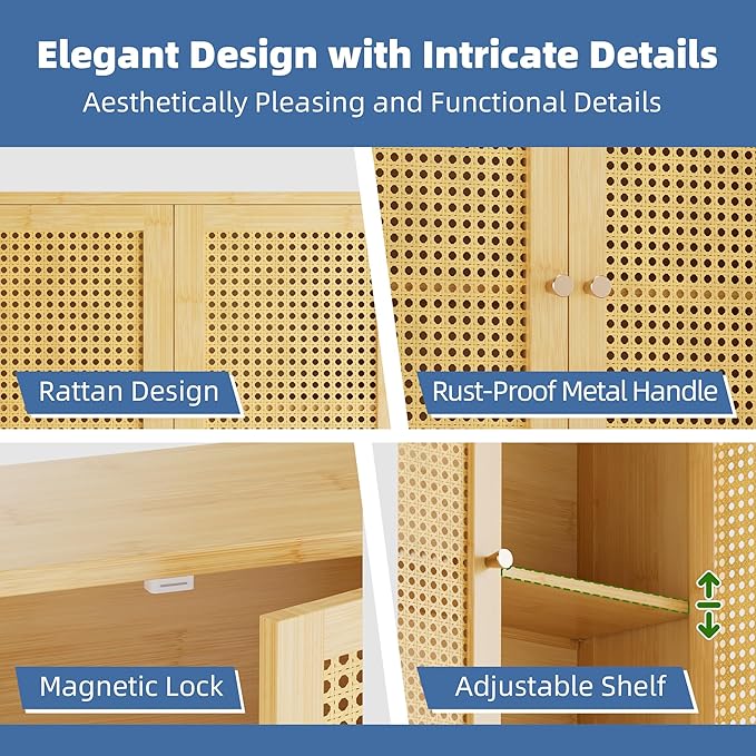 HITNET Rattan Hanging Bathroom Cabinet, Wall Mounted Bamboo Bathroom Cabinet with Double Doors and Adjustable Shelves, Storage Over The Toilet for Kitchen, Living Room, Laundry Room, Natural