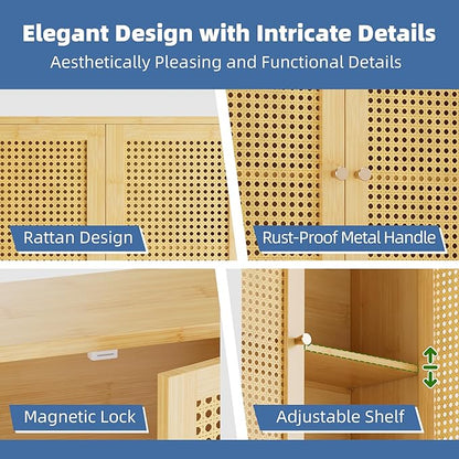 HITNET Rattan Hanging Bathroom Cabinet, Wall Mounted Bamboo Bathroom Cabinet with Double Doors and Adjustable Shelves, Storage Over The Toilet for Kitchen, Living Room, Laundry Room, Natural