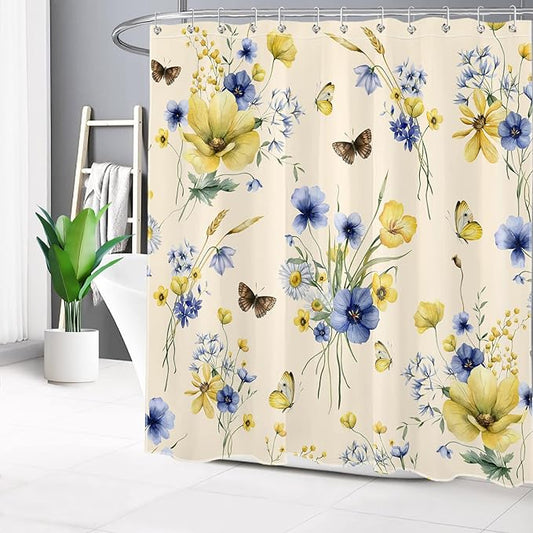 HVEST Wildflower Shower Curtain for Bathroom, Blue and Yellow Floral and Wheat with Butterfly Shower Curtain with Hook, Country Daisy Flower on Beige Shower Curtain Set Bathroom Decor, 72X78 inch