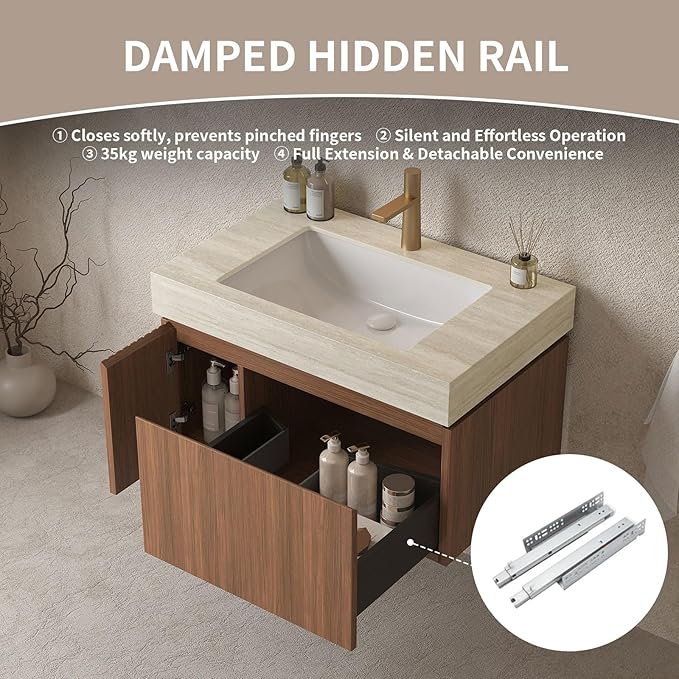 Bathroom Vanity with Sink 30 Inch, Floating Bathroom Vanity Sink Cabinet with Drawer and Door, Undermount Sink & Travertine-Pattern Sintered Stone Top, Pre-Assembled,Brown Oak