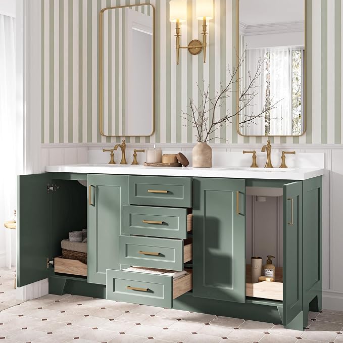 ARIEL Taylor 72-inch Bathroom Vanity with Sink,Solid Wood, 1.5-inch Pure White Quartz Countertop, Double Rectangular Porcelain Sink, Soft Closing Doors, Dovetail Drawers, Vintage Green
