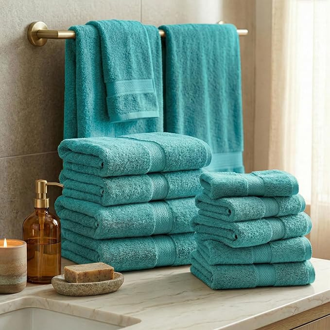 SUPERIOR Egyptian Cotton Ultra Plush & Absorbent, 12 Piece Set, Turquoise | Heavyweight 12 Pc Egyptian Cotton Towel Set Includes 4 Bath Towels 4 Hand Towels 4 Washcloths Decorative Rope Border