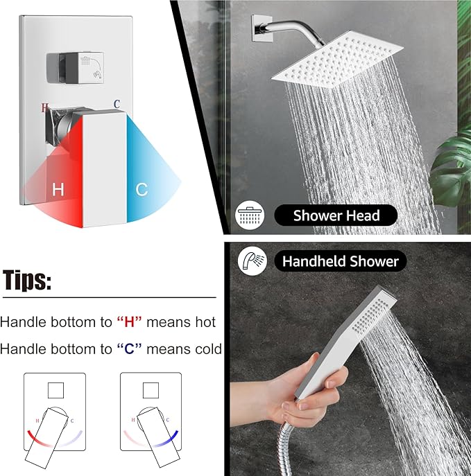 Midanya Shower Faucet Set,Wall Mount Shower System with Square Rain Shower Head and Hand Sprayer, Rough-in Valve Body and Trim Kit Included,8 Inch,Polish Chrome