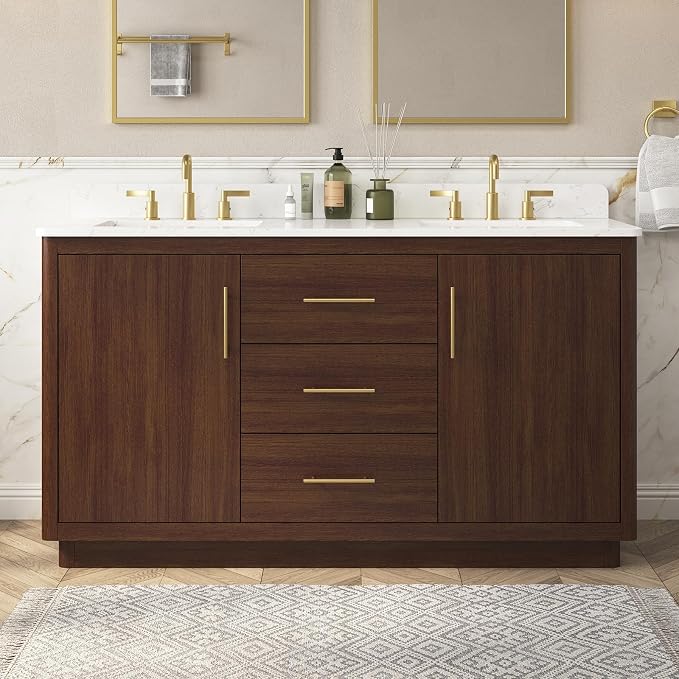 60"Bathroom Vanity with Double Sink,Ceramic Sink Vanity with Engineered Stone Countertop,Wood Frame Bathroom Storage Cabinet No Installation Required& Soft Closing Drawers, Light Walnut
