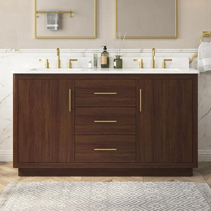 60"Bathroom Vanity with Double Sink,Ceramic Sink Vanity with Engineered Stone Countertop,Wood Frame Bathroom Storage Cabinet No Installation Required& Soft Closing Drawers, Light Walnut