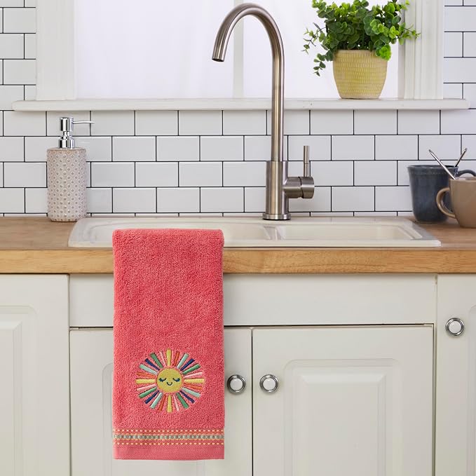 SKL Home Colorful Sun Hand Towel Set-2pc, 100% Cotton, Embroidered, Coral | Soft, decorative velour for summer fun & everyday decor. For use in the bathroom, kitchen or bar.
